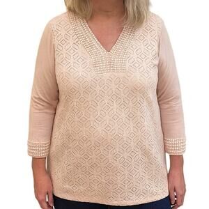 Roz & Ali Blush Pink Lace Tunic Top XL Cotton Blend Lined 3/4 Sleeve